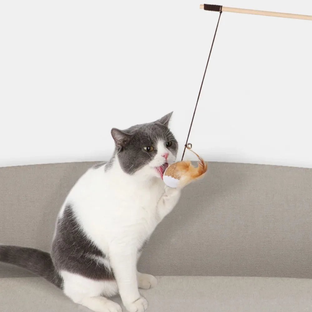 🐾 MyHappyPaws™ Natural Feather Cat Wand Toy
