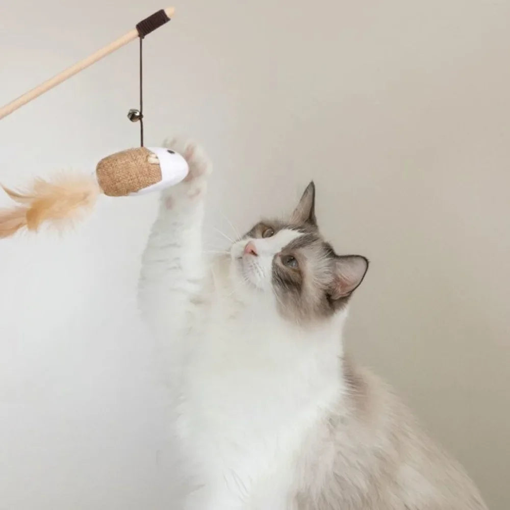 🐾 MyHappyPaws™ Natural Feather Cat Wand Toy
