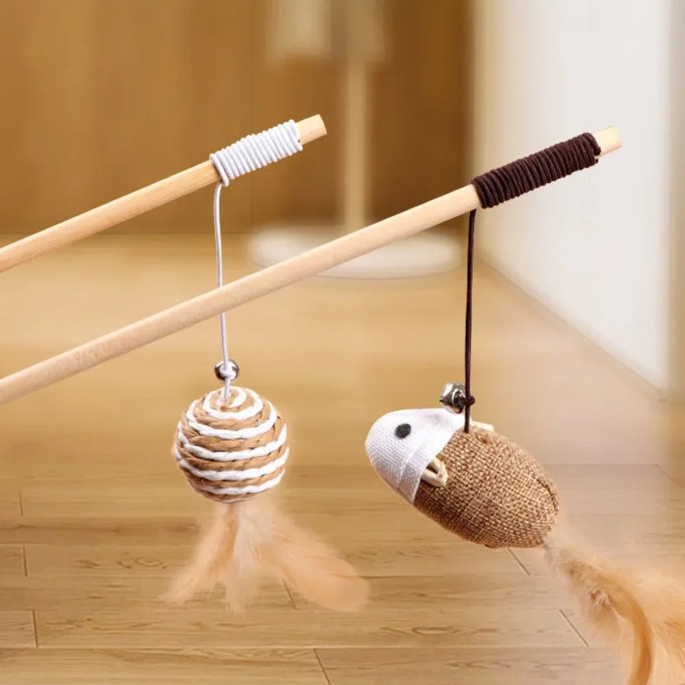 🐾 MyHappyPaws™ Natural Feather Cat Wand Toy